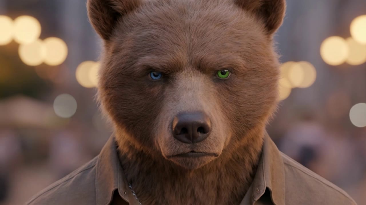Moody, a brown bear with one blue eye and one green, close up in a city street at dusk